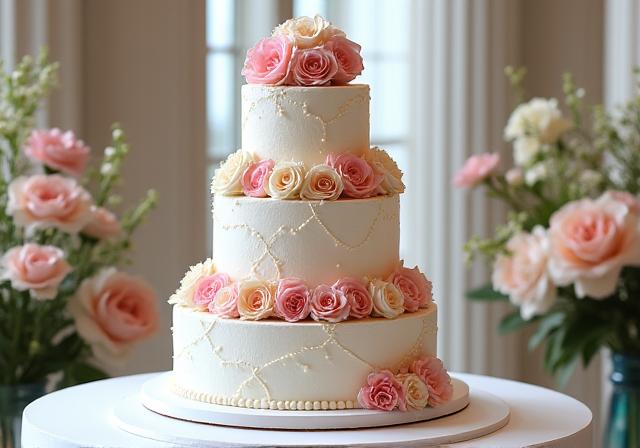 Elegante torta nuziale a più piani decorata con fiori freschi